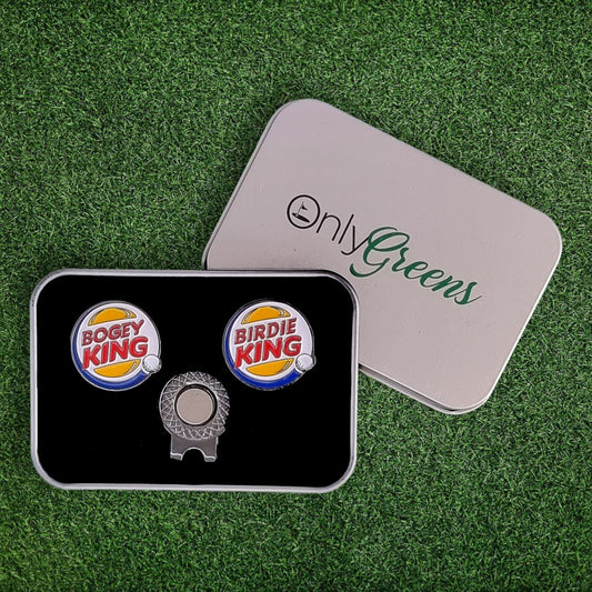 Ball Marker & Hat Clip Set - Bogey/Birdie King - Complete in Gift Tin